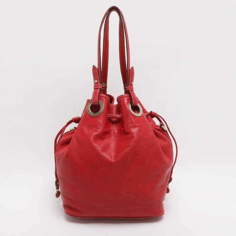Pre Owned Lancel Red Leather Drawstring Hobo