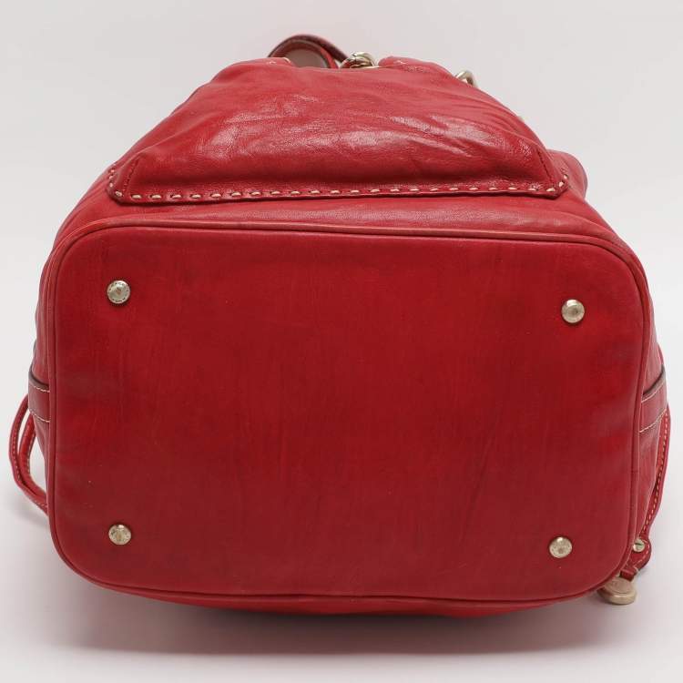 Pre Owned Lancel Red Leather Drawstring Hobo