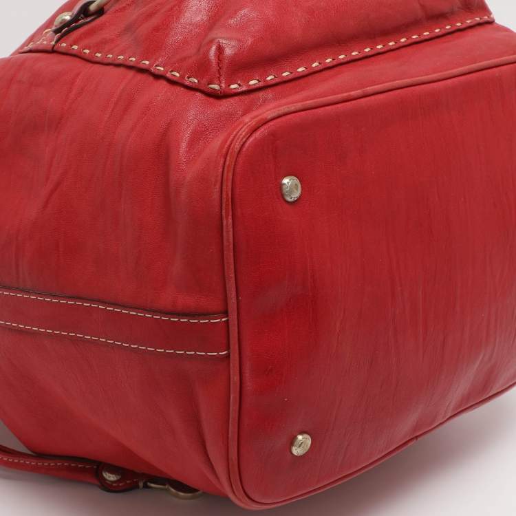 Pre Owned Lancel Red Leather Drawstring Hobo