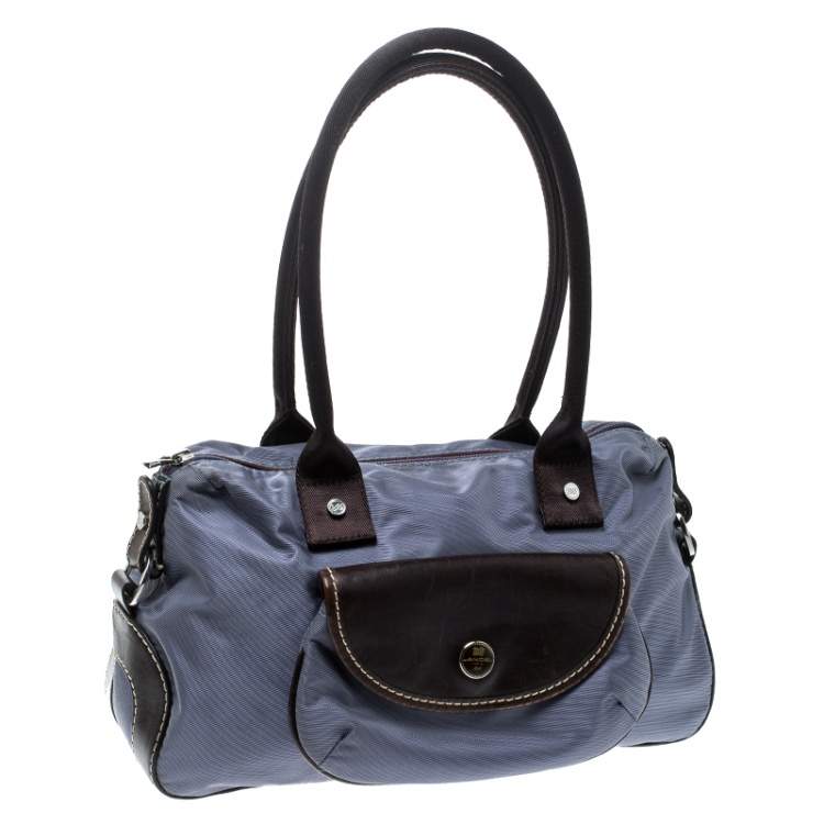 Pre Owned Lancel Metallic Blue Nylon and Leather Bowling Bag