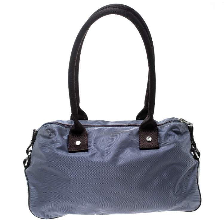 Pre Owned Lancel Metallic Blue Nylon and Leather Bowling Bag