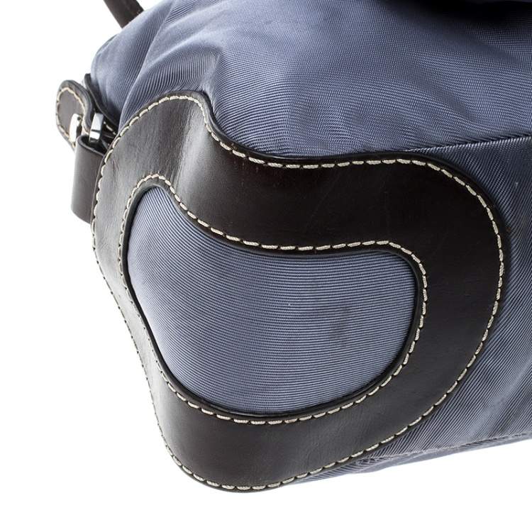 Pre Owned Lancel Metallic Blue Nylon and Leather Bowling Bag