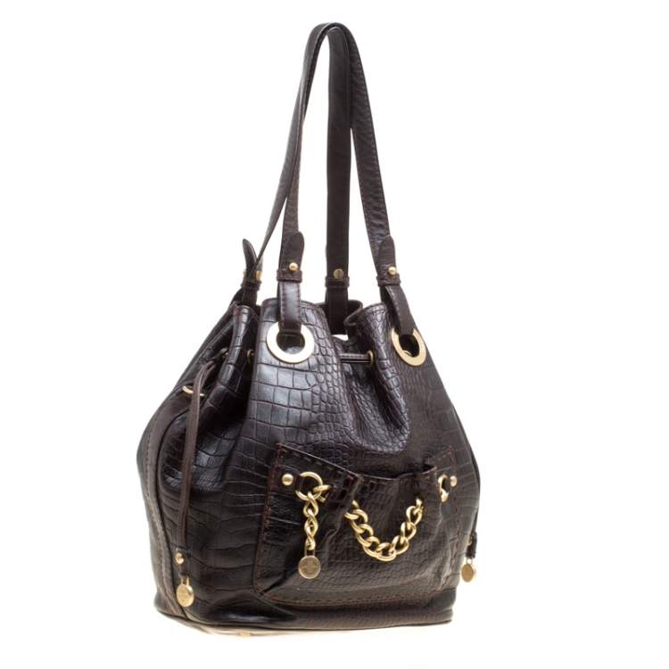 Pre Owned Lancel Dark Brown Croc Embossed Leather Drawstring Bucket Bag