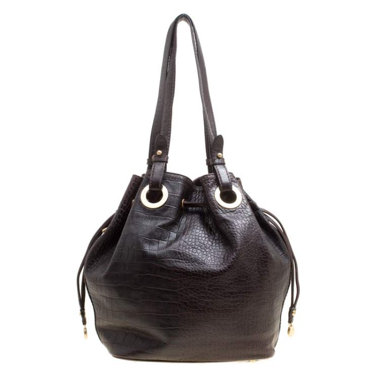 Pre Owned Lancel Dark Brown Croc Embossed Leather Drawstring Bucket Bag