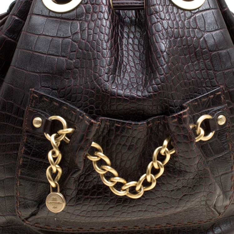 Pre Owned Lancel Dark Brown Croc Embossed Leather Drawstring Bucket Bag