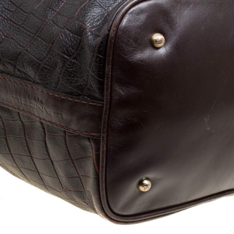 Pre Owned Lancel Dark Brown Croc Embossed Leather Drawstring Bucket Bag