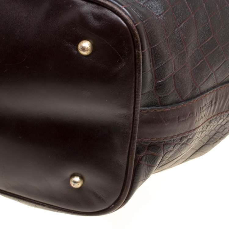 Pre Owned Lancel Dark Brown Croc Embossed Leather Drawstring Bucket Bag