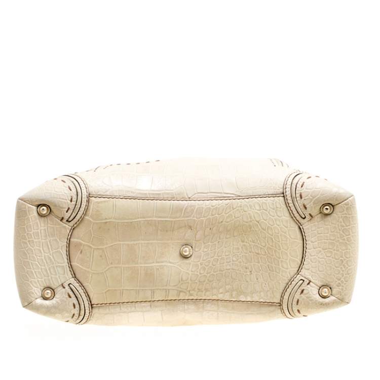 Pre Owned Lancel Light Green Croc Embossed Leather Mademoiselle Adjani Dome Satchel