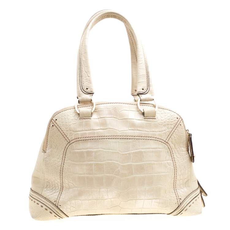 Pre Owned Lancel Light Green Croc Embossed Leather Mademoiselle Adjani Dome Satchel