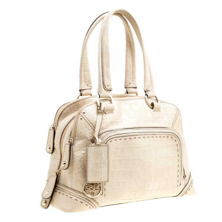 Pre Owned Lancel Light Green Croc Embossed Leather Mademoiselle Adjani Dome Satchel