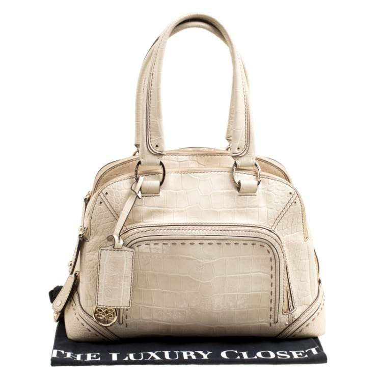 Pre Owned Lancel Light Green Croc Embossed Leather Mademoiselle Adjani Dome Satchel