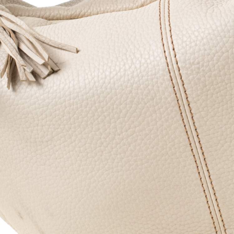 Pre Owned Lancel Light Cream Leather Tassel Hobo 