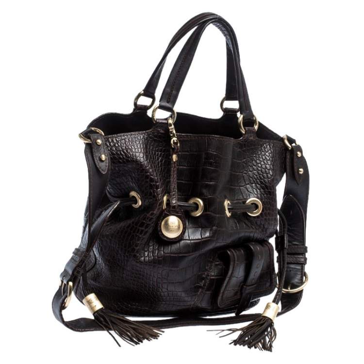 Pre Owned Lancel Brown Croc Embossed Leather Premier Flirt Bucket Bag