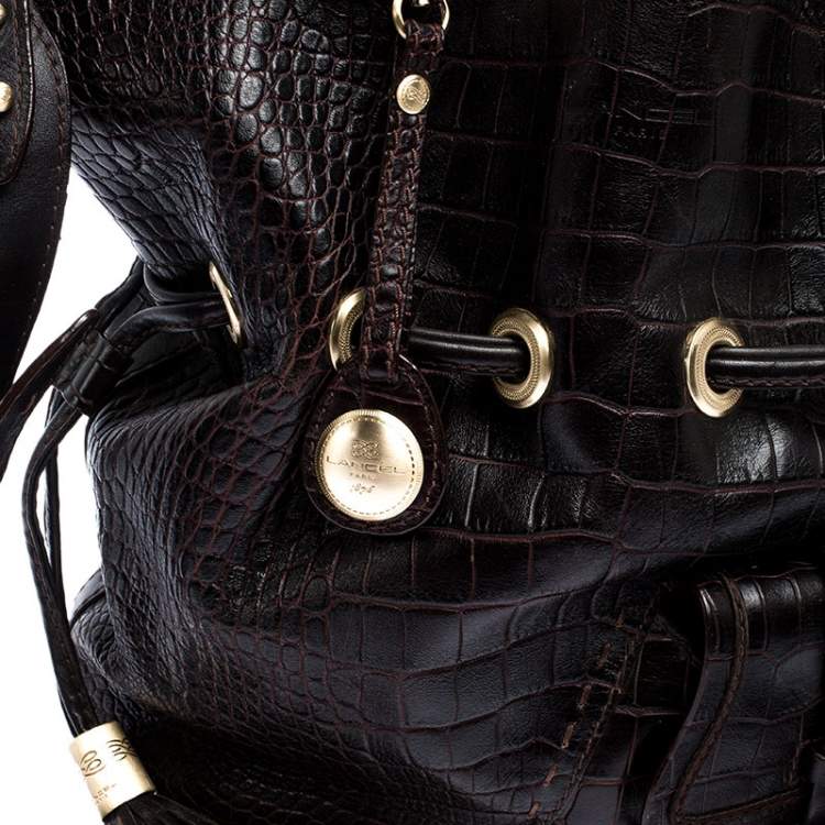 Pre Owned Lancel Brown Croc Embossed Leather Premier Flirt Bucket Bag