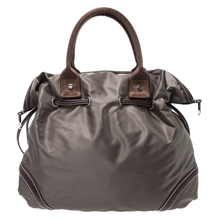 Pre Owned Lancel Olive Green/Brown Nylon and Leather Drawstring Hobo