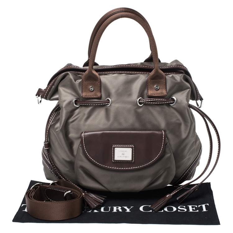 Pre Owned Lancel Olive Green/Brown Nylon and Leather Drawstring Hobo