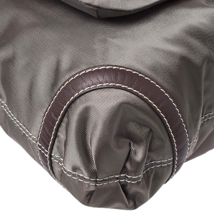 Pre Owned Lancel Olive Green/Brown Nylon and Leather Drawstring Hobo