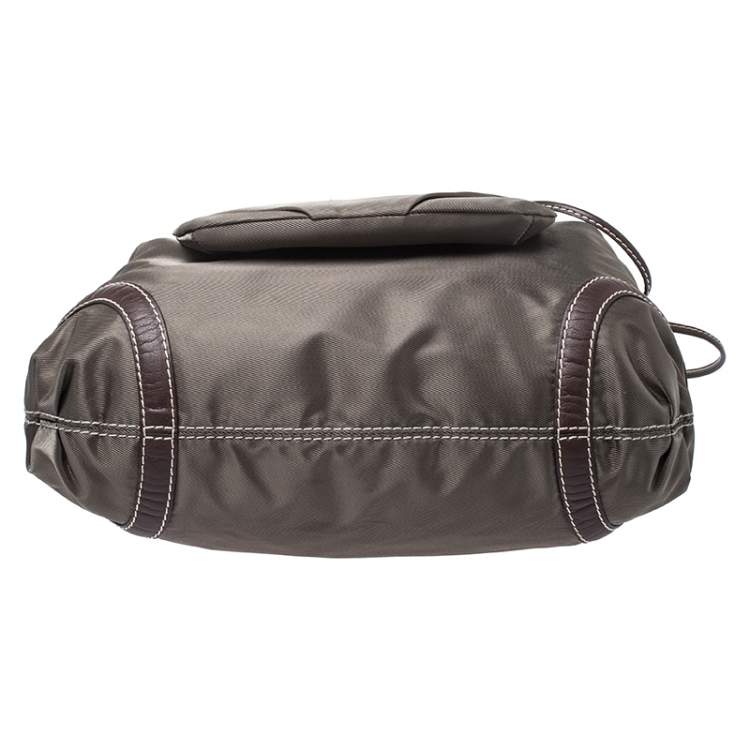 Pre Owned Lancel Olive Green/Brown Nylon and Leather Drawstring Hobo