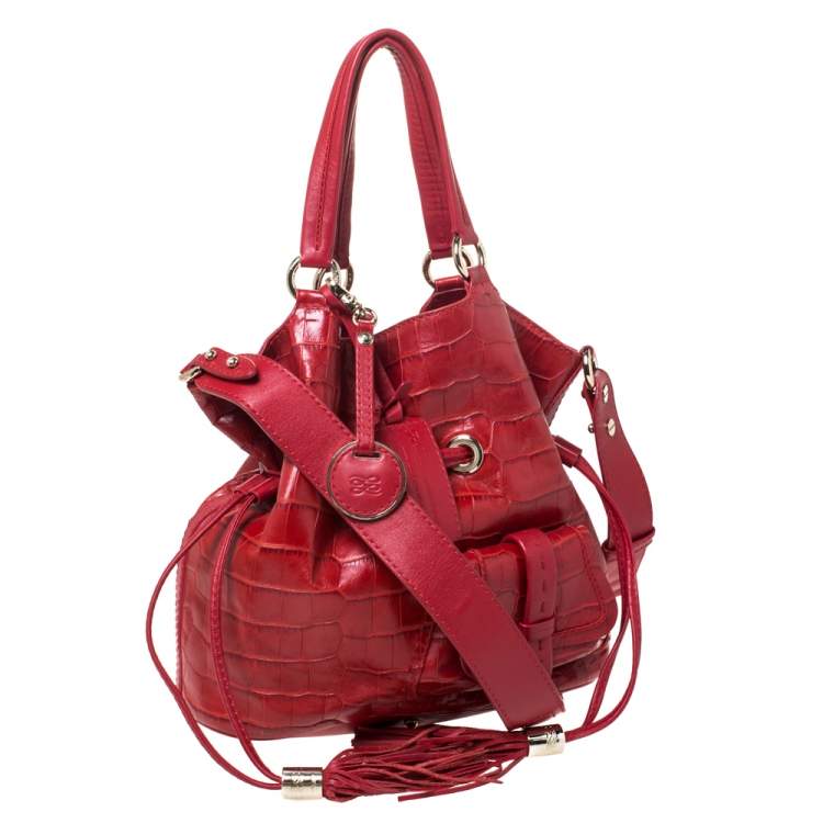 Pre Owned Lancel Red Croc Embossed Leather Premier Flirt Bucket Bag