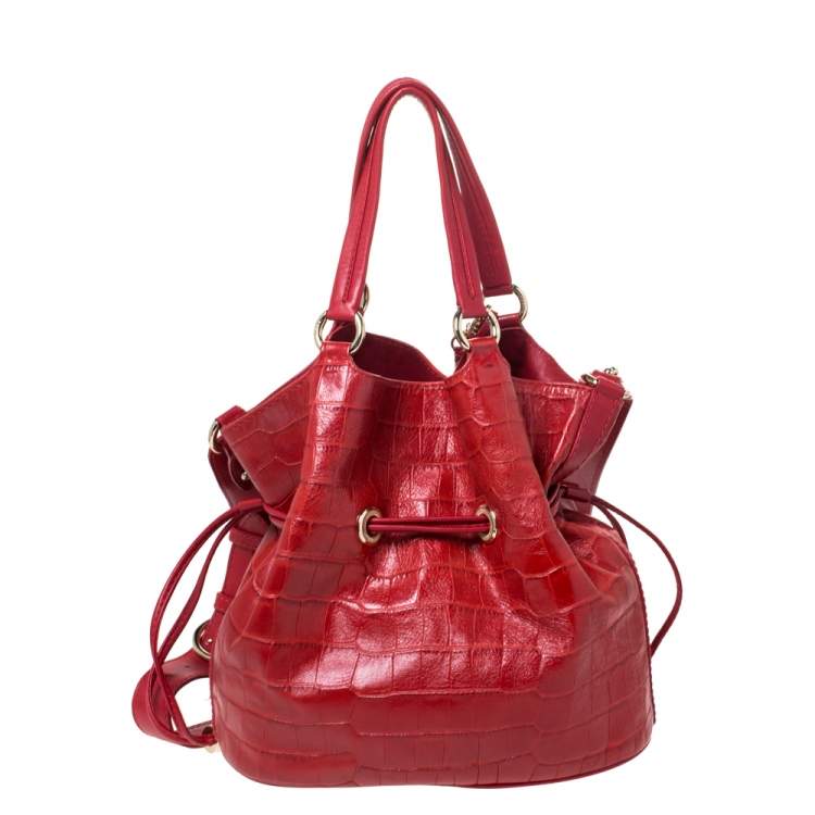 Pre Owned Lancel Red Croc Embossed Leather Premier Flirt Bucket Bag