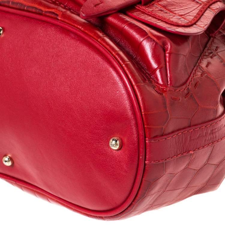 Pre Owned Lancel Red Croc Embossed Leather Premier Flirt Bucket Bag
