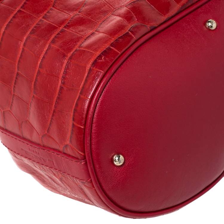 Pre Owned Lancel Red Croc Embossed Leather Premier Flirt Bucket Bag