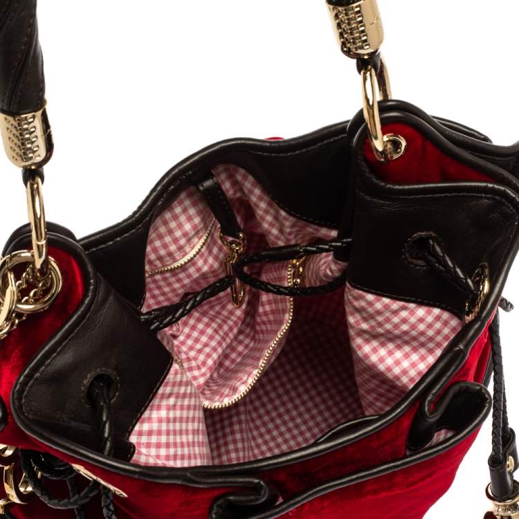 Pre Owned Lancel Red/Brown Velevt and Leather Le Brigitte Bardot Hobo
