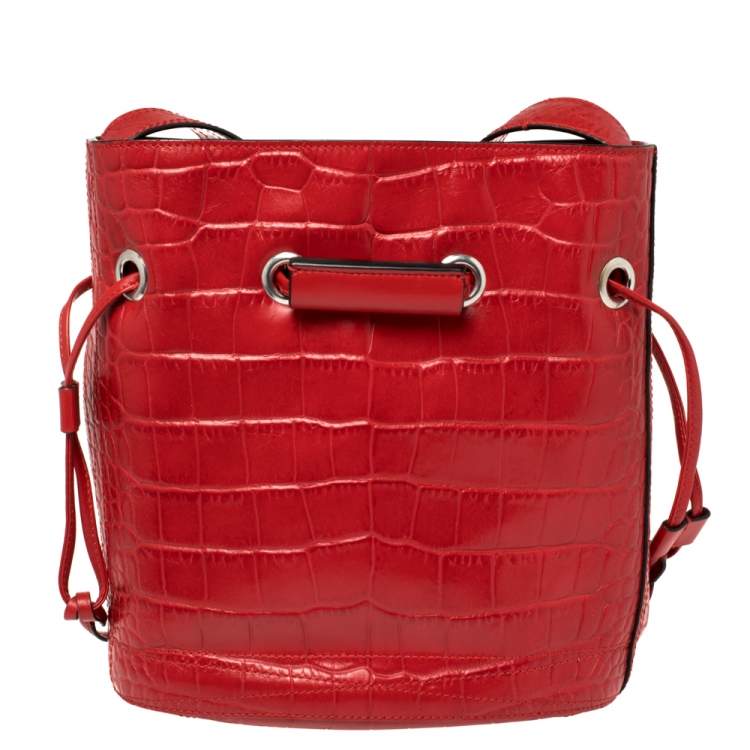 Pre Owned Lancel Red Croc Embossed Leather Le Huit Bucket Bag 