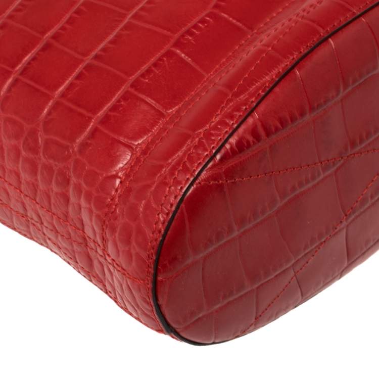 Pre Owned Lancel Red Croc Embossed Leather Le Huit Bucket Bag 