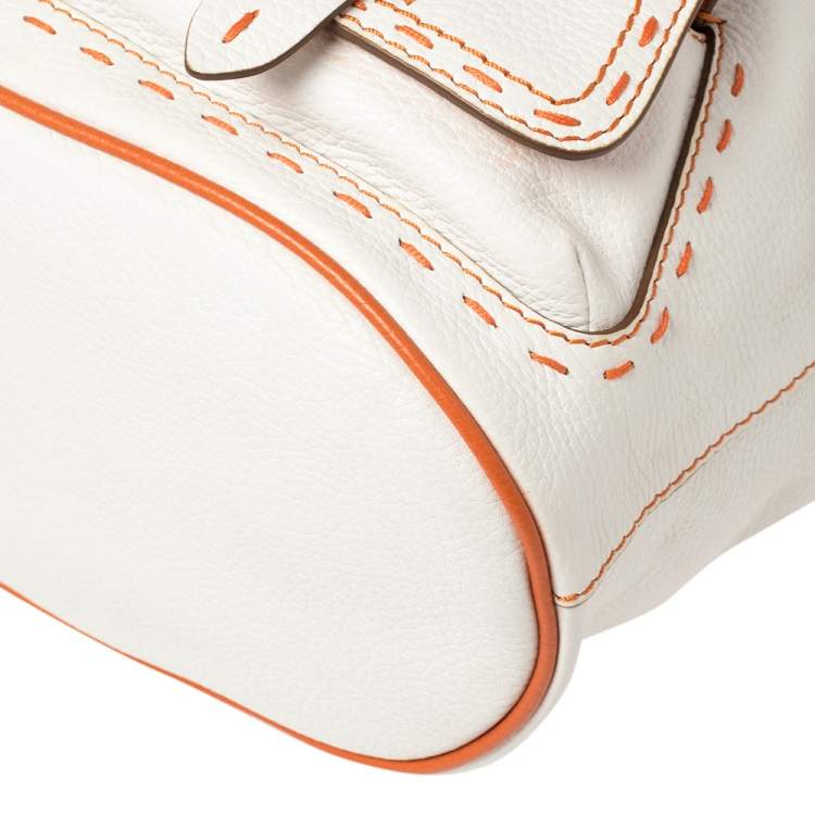 Pre Owned Lancel White/Orange Leather Premiere Flirt Bucket Bag