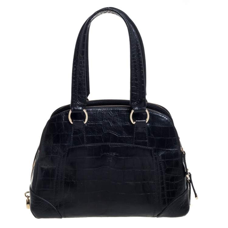 Pre Owned Lancel Black Croc Embossed Leather Adjani Satchel