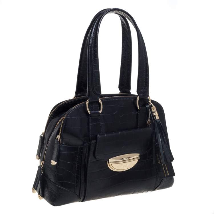 Pre Owned Lancel Black Croc Embossed Leather Adjani Satchel