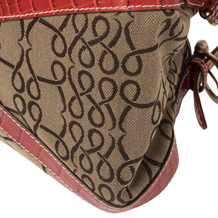 Pre Owned Lancel Brown/Red Signature Canvas and Croc Embossed Leather Shoulder Bag