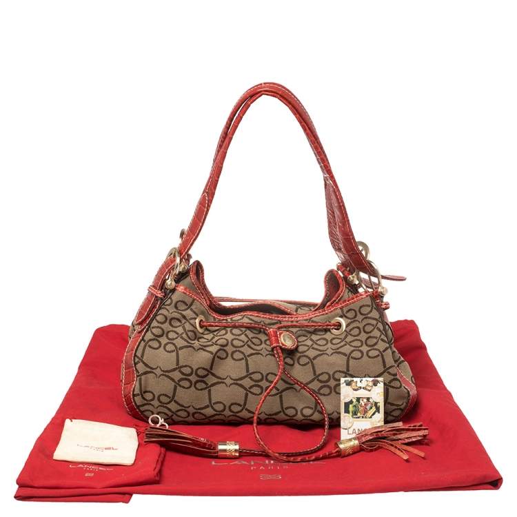 Pre Owned Lancel Brown/Red Signature Canvas and Croc Embossed Leather Shoulder Bag