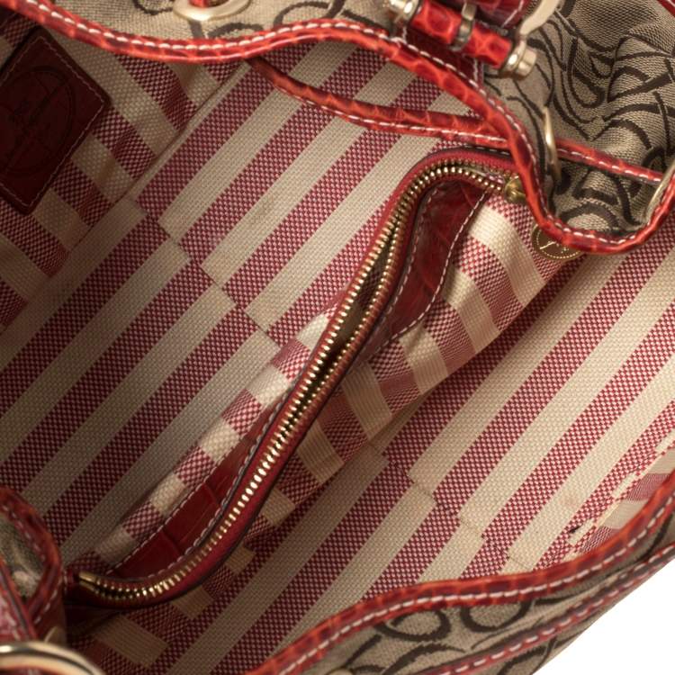 Pre Owned Lancel Brown/Red Signature Canvas and Croc Embossed Leather Shoulder Bag