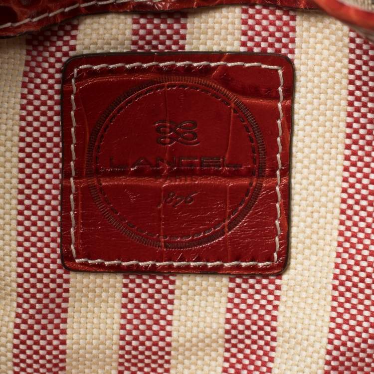 Pre Owned Lancel Brown/Red Signature Canvas and Croc Embossed Leather Shoulder Bag