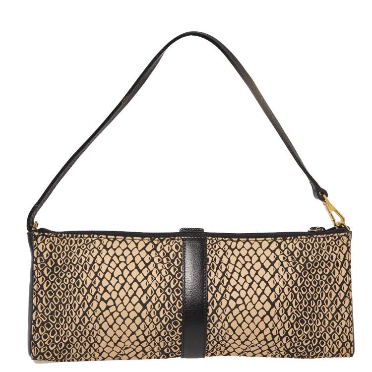 Pre Owned Lancel Beige/Black Python Printed Canvas and Leather Baguette