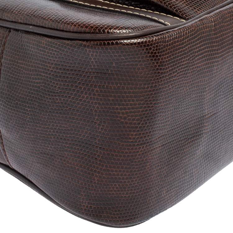 Pre Owned Lancel Dark Brown Lizard Embossed Leather Front Pocket Satchel