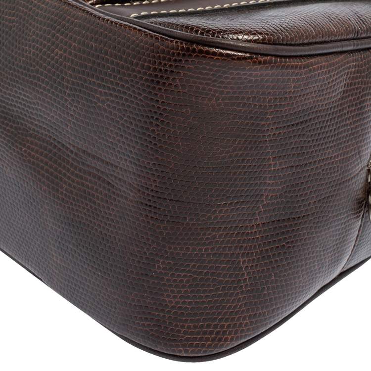 Pre Owned Lancel Dark Brown Lizard Embossed Leather Front Pocket Satchel