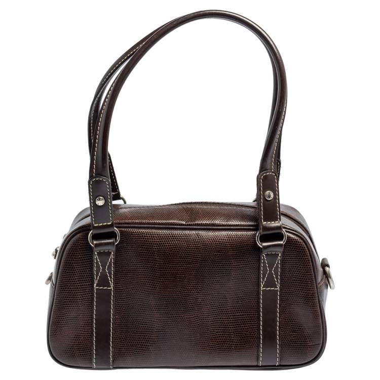 Pre Owned Lancel Dark Brown Lizard Embossed Leather Front Pocket Satchel