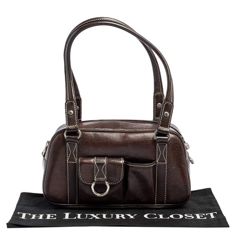 Pre Owned Lancel Dark Brown Lizard Embossed Leather Front Pocket Satchel