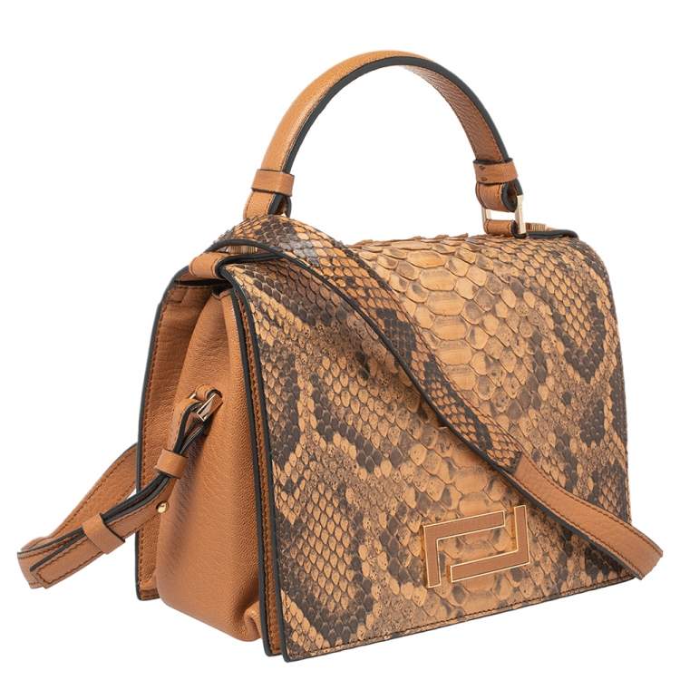 Pre Owned Lancel Tan Python and Leather Flap Top Handle Bag