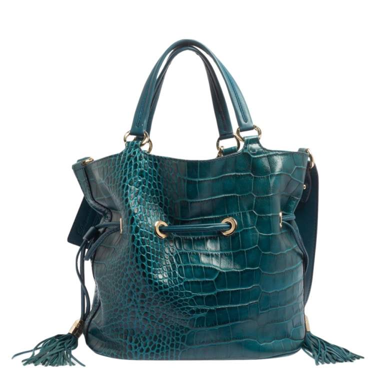 Pre Owned Lancel Teal Croc Embossed Leather Premier Flirt Bucket Bag