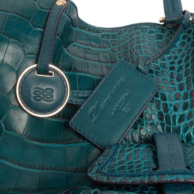 Pre Owned Lancel Teal Croc Embossed Leather Premier Flirt Bucket Bag