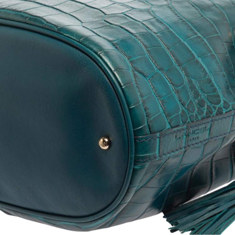 Pre Owned Lancel Teal Croc Embossed Leather Premier Flirt Bucket Bag