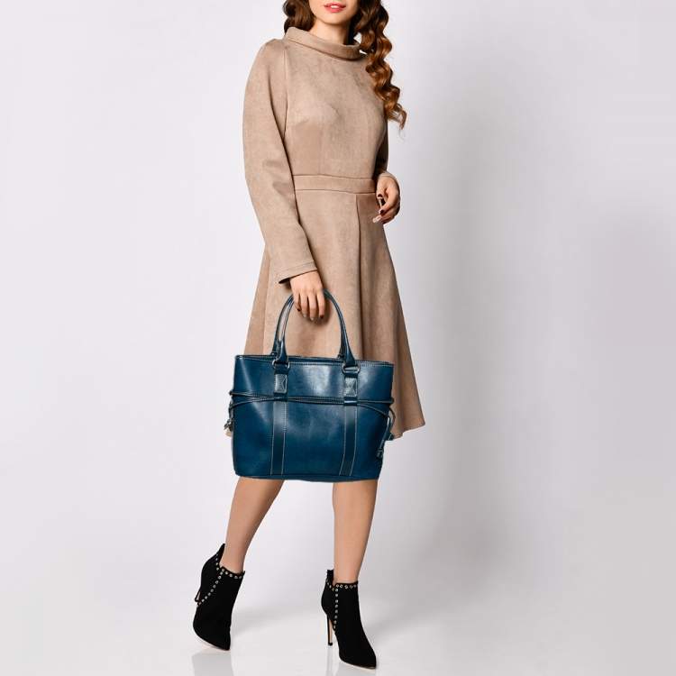 Pre Owned Lancel Blue Lizard Embossed Leather Drawstring Tote