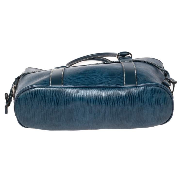 Pre Owned Lancel Blue Lizard Embossed Leather Drawstring Tote