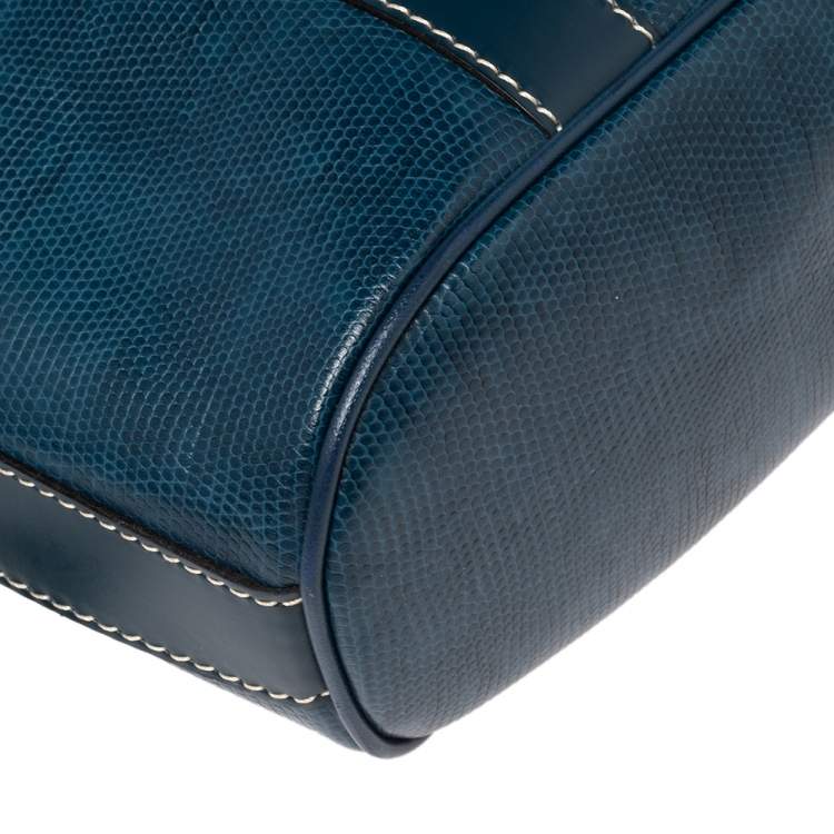 Pre Owned Lancel Blue Lizard Embossed Leather Drawstring Tote