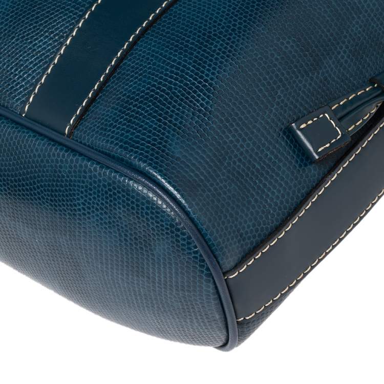 Pre Owned Lancel Blue Lizard Embossed Leather Drawstring Tote