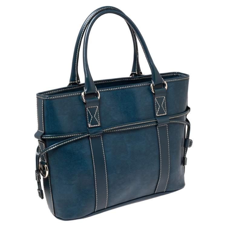 Pre Owned Lancel Blue Lizard Embossed Leather Drawstring Tote